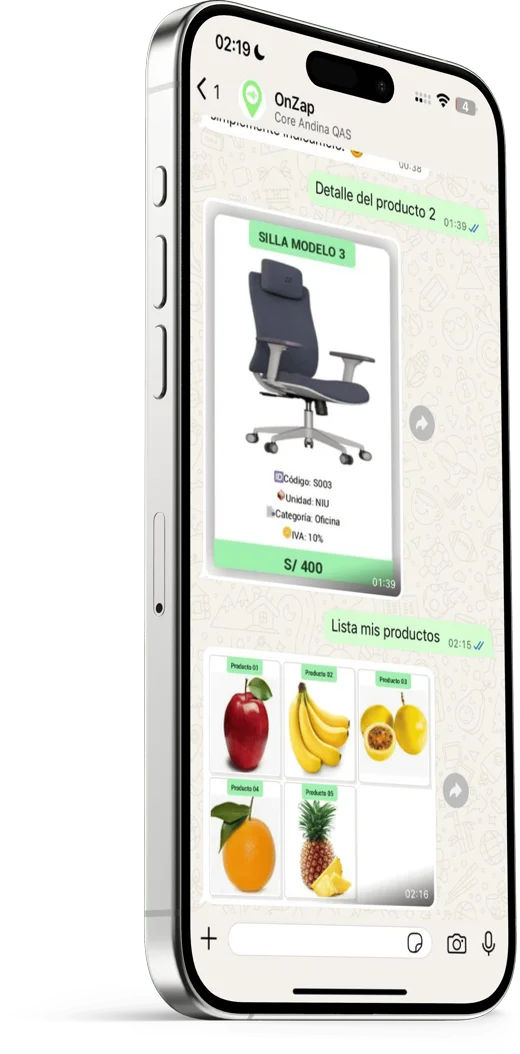Catálogo de productos mostrado en WhatsApp